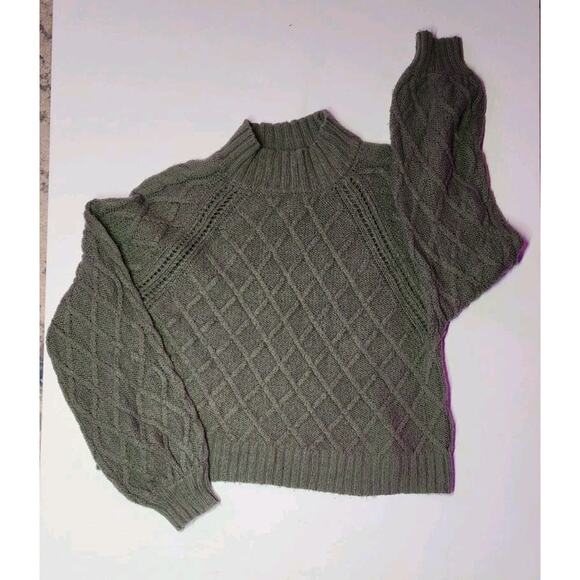 American Eagle Women’s XL Sweater Olive Green Cable Knit Diamond Crop Mock Neck - Picture 8 of 15